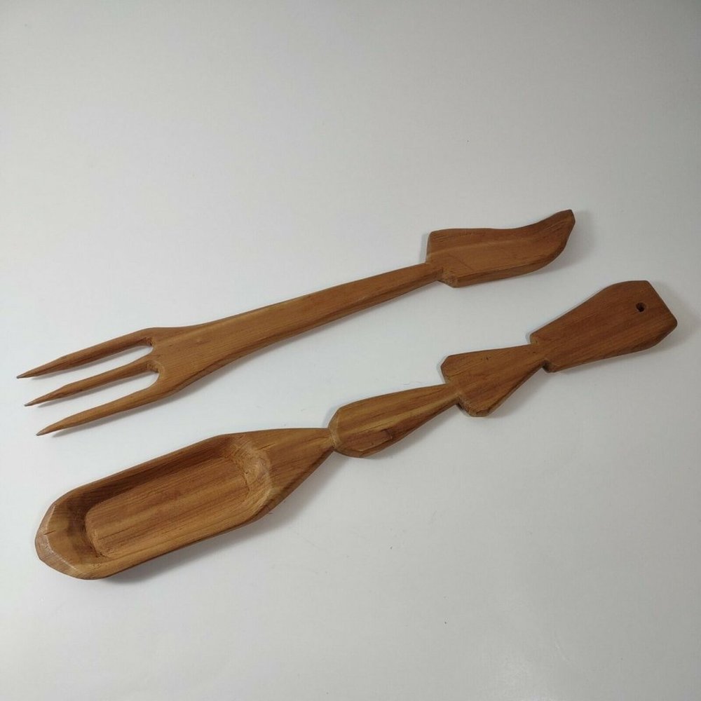 Handcarved Wooden Serverware Folk Art Fork and Spoon Salad Server Rustic Decor